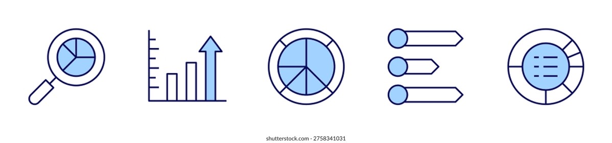 pie chart, bar chart, magnifyingglass, allocation, profits. Chart Icon vector illustration. Line Duotone style. Editable stroke.