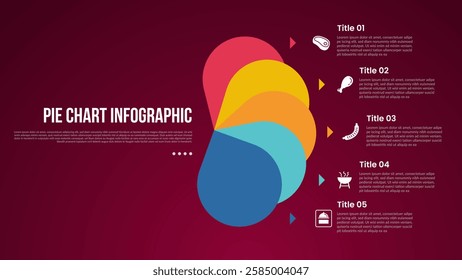 pie chart base template infographic with fan shape round combination with 5 point dark background style for slide presentation vector