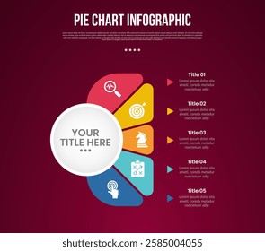 pie chart base template infographic with big circle and separated shape on right side with 5 point dark background style for slide presentation vector