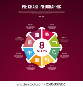 pie chart base template infographic with big octagon shape with circle and arrow with 8 point dark background style for slide presentation vector