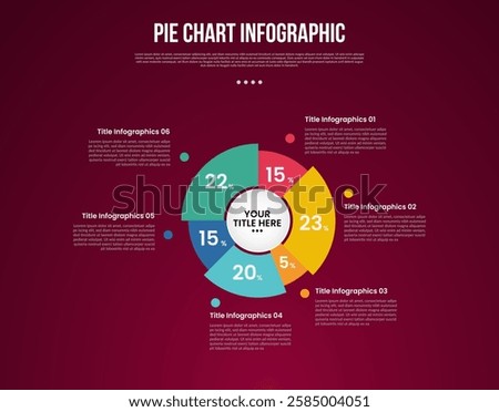 pie chart base template infographic with unbalance circular shape fan propeller with 6 point dark background style for slide presentation vector