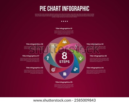 pie chart base template infographic with creative swirl circular with sharp edge with 8 point dark background style for slide presentation vector