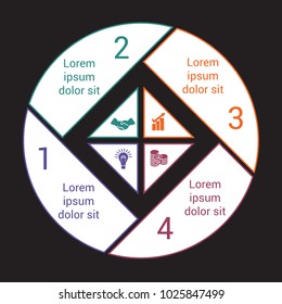 Pie chart with black background from colored lines for 4 options. Template Infographics for business projects, workflow, cycle processes, diagrams,  banner, web design