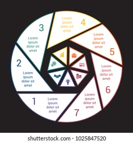 Pie chart with black background from colored lines for 7 options. Template Infographics for business projects, workflow, cycle processes, diagrams,  banner, web design