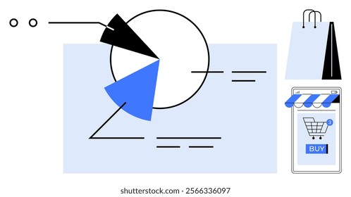 Pie chart with black and blue sections, data lines, shopping bag, and mobile shopping cart with a buy button. Ideal for e-commerce, data analytics, online shopping, business statistics, market