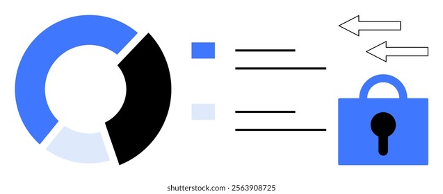 A pie chart with blue, black, and light blue segments. Lines pointing toward a blue lock with arrows indicating data flow. Ideal for data security, analysis, protection, encryption, and cyber