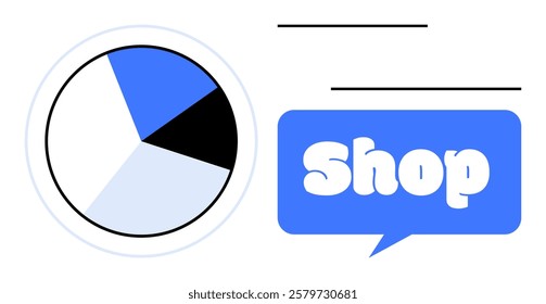 Pie chart with blue black and light grey sections next to a blue speech bubble containing the word Shop. Ideal for business branding commerce data visualization marketing promotional materials