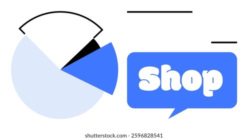 Pie chart with blue and black sections and a large blue speech bubble containing the word Shop. Ideal for retail business marketing financial data analytics communication and e-commerce. Flat