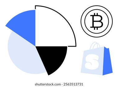 A pie chart with blue and black segments, a Bitcoin symbol, and a shopping bag. Ideal for finance, cryptocurrency, data visualization, e-commerce, and business analytics. Simple vector style