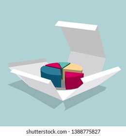 The pie chart is in the box. Isolated on blue background.