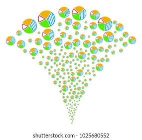 Pie Chart burst fountain. Vector illustration style is flat iconic symbols. Object fountain organized from random symbols as pie chart fireworks.