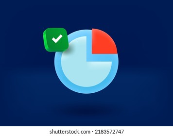 Pie chart with checkmark icon. 3d vector illustration