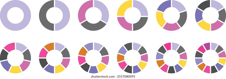 Pie chart. Circle division infographic icon set. Pie chart infographic set. Pie chart divided 3,6,9 equal parts. Circle diagram with sections or parts. Colorful Pie chart vector illustration