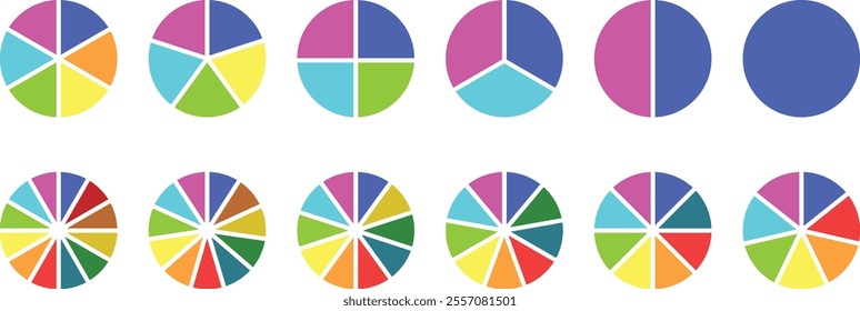 Pie chart. Circle division infographic icon set. Pie chart infographic set. Pie chart divided 3,6,9 equal parts. Circle diagram with sections or parts. Colorful Pie chart vector illustration