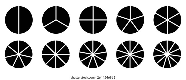 Conjunto de ícones infográficos de divisão circular do gráfico de pizza. Conjunto de Indicadores de Porcentagem. Ícones do indicador de progresso para design de interface do usuário. Conjunto de vetores infográficos de negócios.   Porcentagem Gráficos de Pizza de 2 a 12 por cento. 