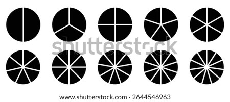 Pie chart circle division infographic icon set. Set of Percentage Indicators. Progress Indicator Icons for UI Design. Business infographic vector set.   Percentage Pie Charts from 2 to 12 Percent. 