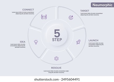 Kreisinfographie mit 5 Optionen, Stufen, Teilen, Segmenten. In: Vektorillustration for Business Financial Report.