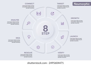 Kreisinfographie mit 8 Optionen, Stufen, Teilen, Segmenten. In: Vektorillustration for Business Financial Report.