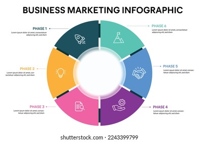 Pie chart circle infographic template with 6 options, steps, parts, segments. Business concept. marketing infographic vector illustration.