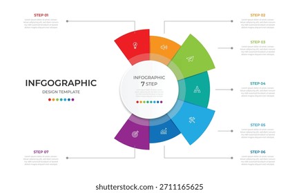 Modelo de infográfico de círculo do gráfico de pizza com 7 opções, etapas, partes, segmentos. Conceito de negócios. ilustração de vetor infográfico de marketing.