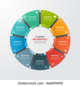 Pie Chart Circle Infographic Template With 9 Options. Business Concept. Vector Illustration.