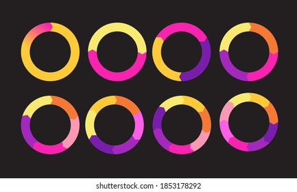 Pie chart circular diagrams with arrows. Business infographic circle sections and round donut pieces.
