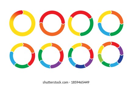 Pie Chart Circular Diagrams With Arrows. Business Infographic Circle Sections And Round Donut Pieces.
