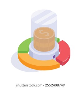 Pie chart with a coin symbol indicating financial insights and data analysis