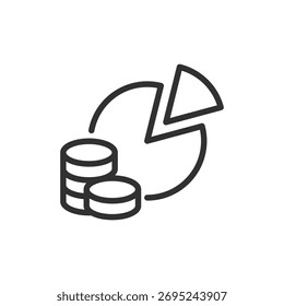 Pie chart with coins, linear icon. Financial analytics and investment share. Line with editable stroke.