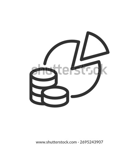 Pie chart with coins, linear icon. Financial analytics and investment share. Line with editable stroke.