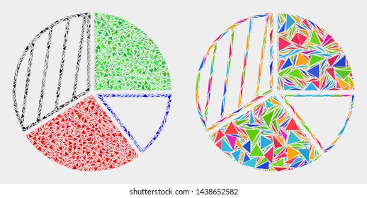 Pie chart collage icon of triangle items which have variable sizes and shapes and colors. Geometric abstract vector illustration of pie chart.