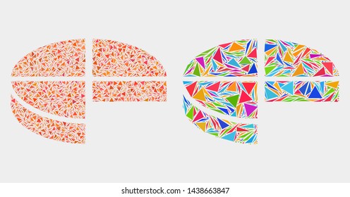 Pie chart collage icon of triangle elements which have different sizes and shapes and colors. Geometric abstract vector illustration of pie chart.