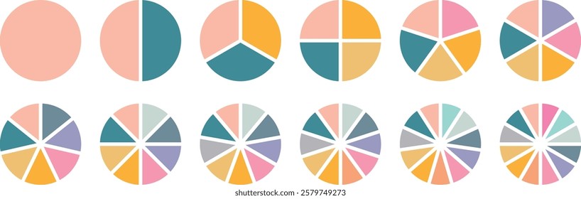 Pie chart color icons. Circle section graph. Segment slice sign. 1,2,3,4,5 segment infographic. Wheel round diagram part symbol. Circle division infographic icon set. Pie chart divided 4,5,6, 12 equal