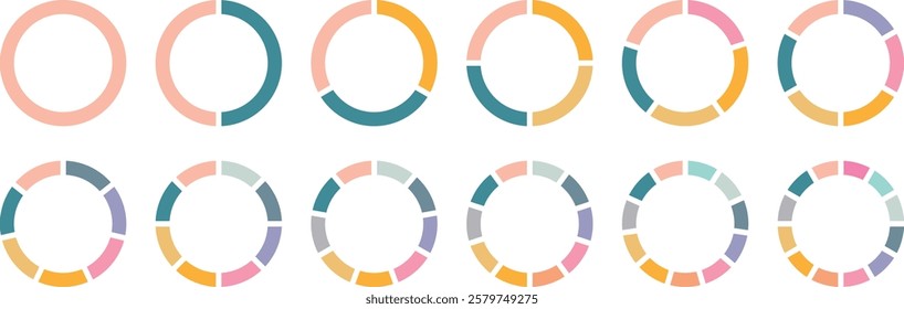 Pie chart color icons. Circle section graph. 1,2,3,4,5 segment infographic. Wheel round diagram part symbol. Segment slice sign. Circle division infographic icon set. Pie chart divided 4,5,6, 12 equal