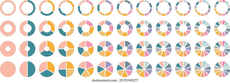 Pie chart color icons. Circle section graph. 1,2,3,4,5 segment infographic. Segment slice sign. Wheel round diagram part symbol. Circle division infographic icon set. Pie chart divided 4,5,6, 12 equal