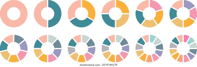 Pie chart color icons. Circle section graph. 1,2,3,4,5 segment infographic. Wheel round diagram part symbol. Circle division infographic icon set. Segment slice sign. Pie chart divided 4,5,6, 12 equal