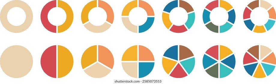 Pie chart color icons. Circle section graph. 1,2,3,4,5,6,7,8,9,10,11,12 segment infographic. Different color circles isolated. Infographic element round shape. Segment slice sign. Vector illustration