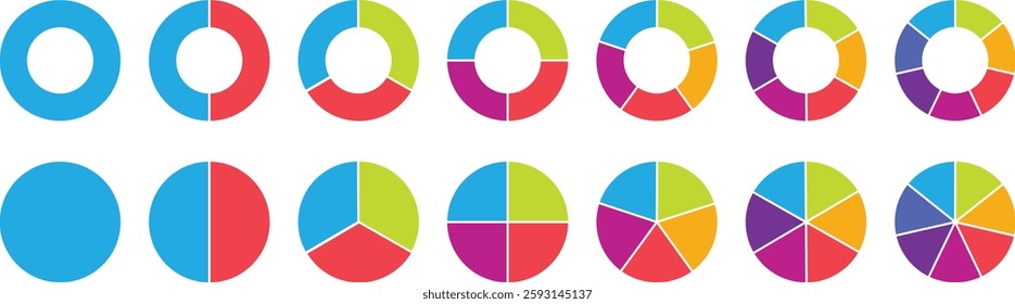 Pie chart color icons. Circle section graph. 1,2,3,4,5 segment infographic. Wheel round diagram part symbol. Circular chart with segments. Vector illustration. Wheel division into fractions, sectors.