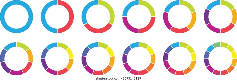 Pie chart color icons. Circle section graph. 1,2,3,4,5 segment infographic. Segment slice sign. Circular chart with segments. Wheel division into fractions, sectors. Vector illustration.