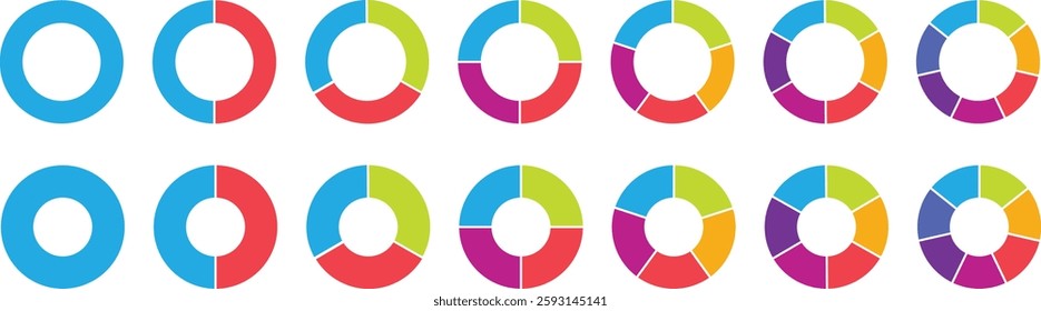 Pie chart color icons. Circle section graph. 1,2,3,4,5 segment infographic. Segment slice sign. Wheel round diagram part symbol. Vector illustration. Wheel division into fractions, sectors.