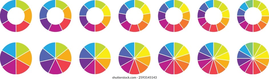 Pie chart color icons. Circle section graph. 1,2,3,4,5 segment infographic. Wheel round diagram part symbol. Segment slice sign. Wheel division into fractions, sectors. Vector illustration.