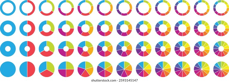 Pie chart color icons. Circle section graph. Segment slice sign. 1,2,3,4,5 segment infographic. Wheel round diagram part symbol. Wheel division into fractions, sectors. Vector illustration.