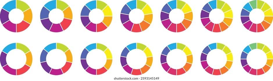 Pie chart color icons. Circle section graph. 1,2,3,4,5 segment infographic. Wheel round diagram part symbol. Vector illustration. Wheel division into fractions, sectors. Segment slice sign.