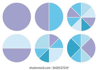 Pie chart color icons. Circle section graph. 1,2,3,4,5,6,7,8,9,10,11,12 segment infographic. Different color circles isolated. Segment slice sign. Infographic element round shape. Vector illustration