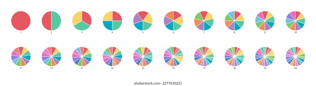 Pie chart color icons. Segment slice set. Circle section graph. 1,20,19,18,16,9 segment infographic. Wheel round diagram part. Three phase, six circular cycle. Geometric element. Vector illustration.