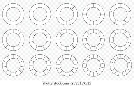 Ícones de cor do gráfico de pizza. Sinal de fatia de segmento. Gráfico de seção de círculo. 1,2,3,4,5 segmento infográfico. Símbolo de parte do diagrama redondo da roda. Três fases, seis ciclos circulares. Elemento geométrico. Ilustração vetorial