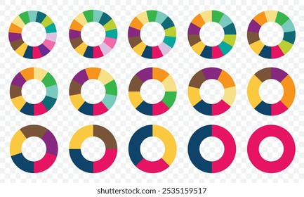 Ícones de cor do gráfico de pizza. Sinal de fatia de segmento. Gráfico de seção de círculo. 1,2,3,4,5 segmento infográfico. Símbolo de parte do diagrama redondo da roda. Três fases, seis ciclos circulares. Elemento geométrico. Ilustração vetorial