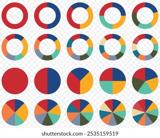 Ícones de cor do gráfico de pizza. Sinal de fatia de segmento. Gráfico de seção de círculo. 1,2,3,4,5 segmento infográfico. Símbolo de parte do diagrama redondo da roda. Três fases, seis ciclos circulares. Elemento geométrico. Ilustração vetorial