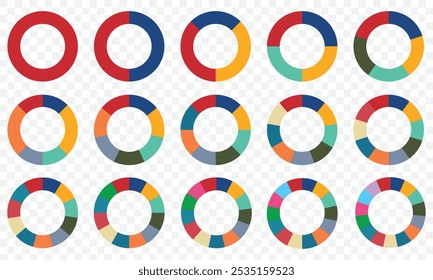 Pie chart color icons. Segment slice sign. Circle section graph. 1,2,3,4,5 segment infographic. Wheel round diagram part symbol. Three phase, six circular cycle. Geometric element. Vector illustration