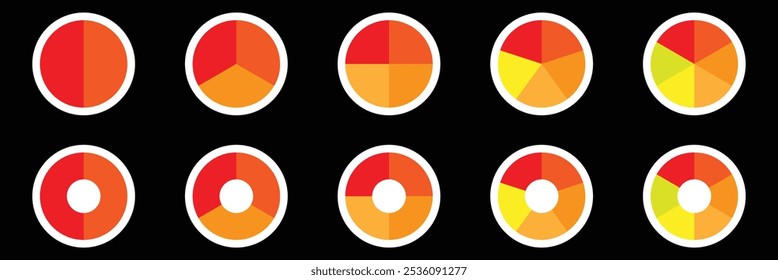 Ícones de cor do gráfico de pizza. Sinal de fatia de segmento. Gráfico de seção de círculo. 1,2,3,4,5 segmento infográfico. Símbolo de parte do diagrama redondo da roda. Três fases, seis ciclos circulares. Elemento geométrico.